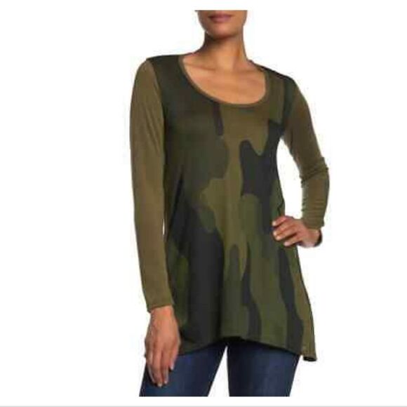 Go Couture Olive Camo HIgh-Low Long Sleeve Handkerchief Tunic Sweater Top XL - Picture 1 of 1